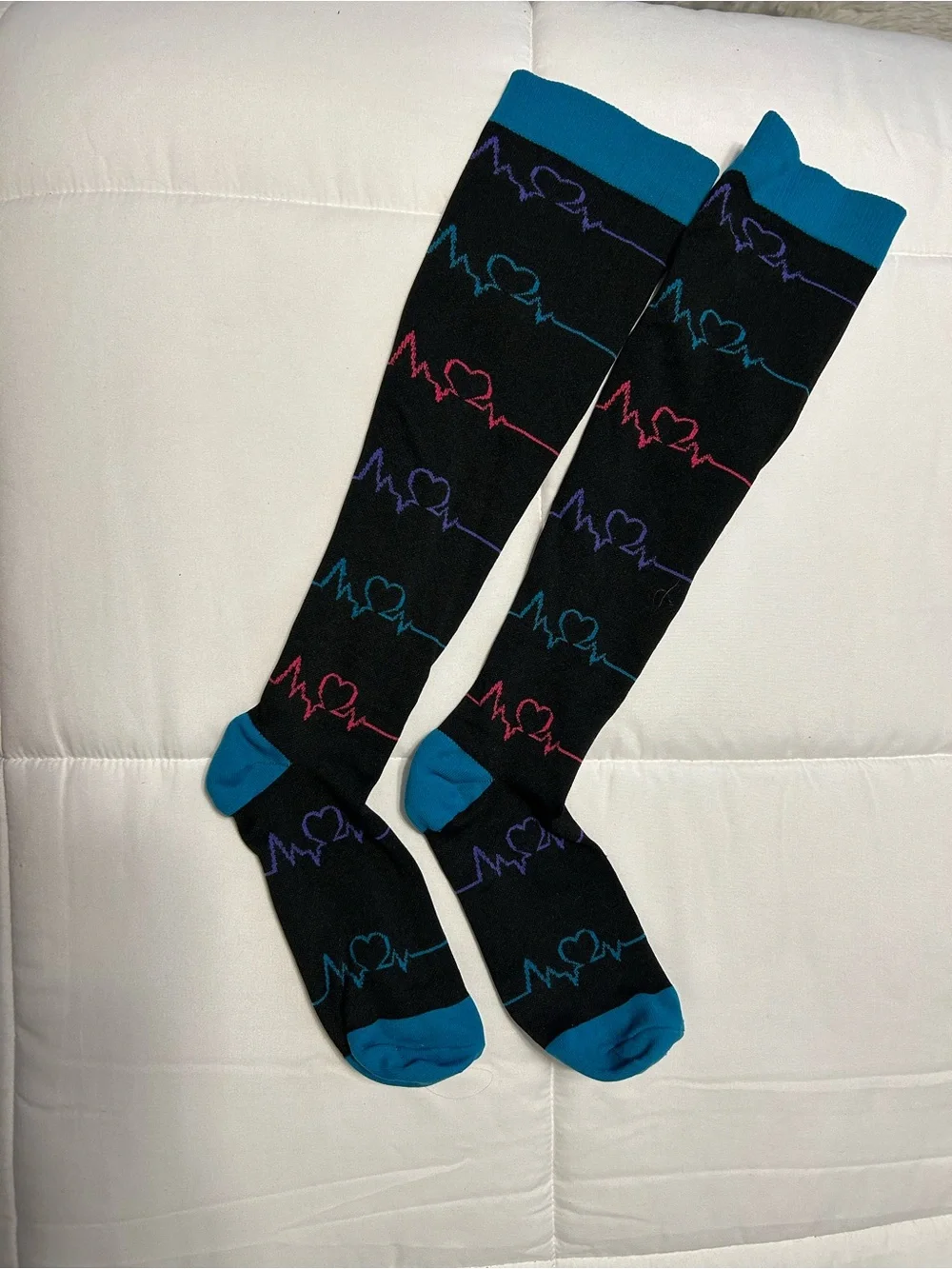 Black Knee-High Compression  Socks with Multicolor Heartbeat Pattern